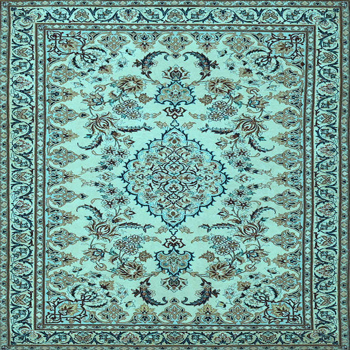 Square Machine Washable Medallion Light Blue Traditional Rug, wshtr2039lblu