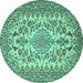 Round Machine Washable Medallion Turquoise Traditional Area Rugs, wshtr2039turq