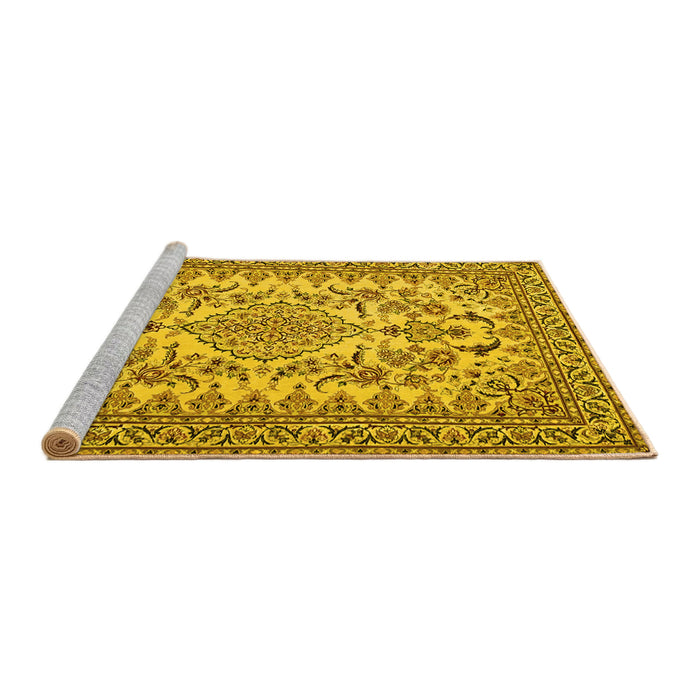 Sideview of Machine Washable Medallion Yellow Traditional Rug, wshtr2039yw