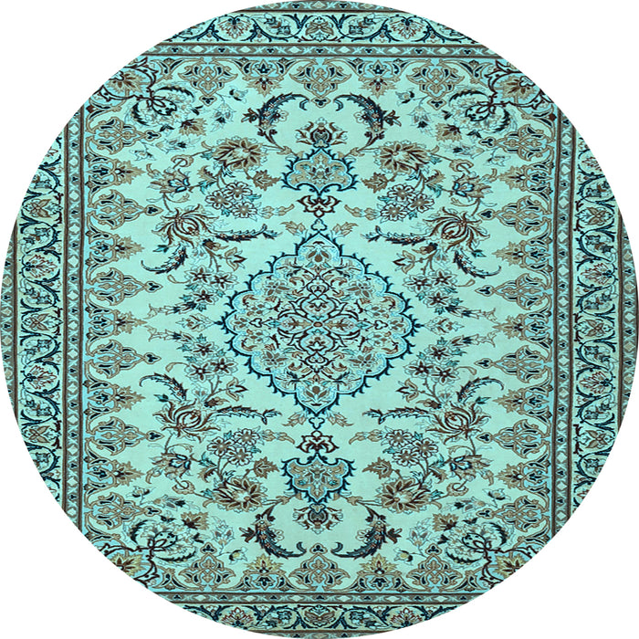 Round Machine Washable Medallion Light Blue Traditional Rug, wshtr2039lblu
