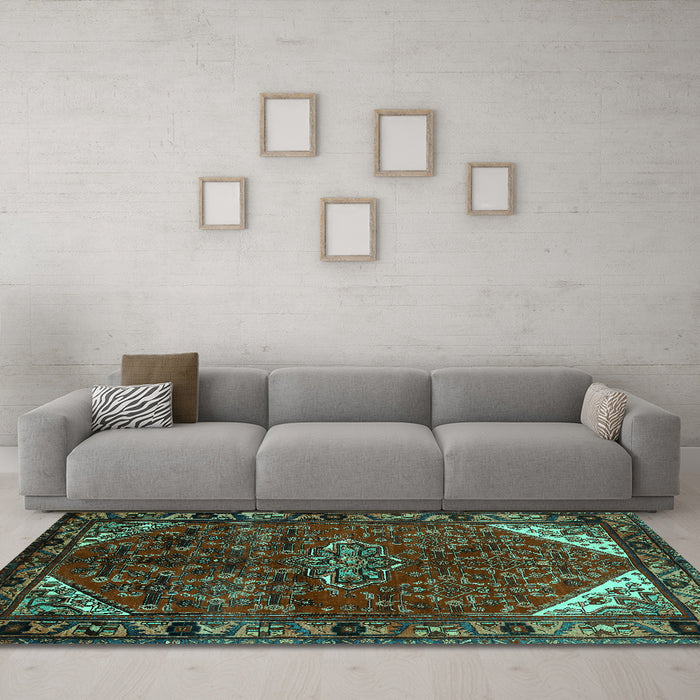 Machine Washable Persian Turquoise Traditional Area Rugs in a Living Room,, wshtr203turq