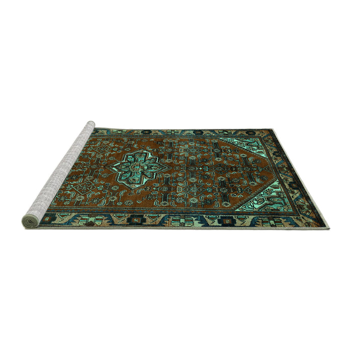 Sideview of Machine Washable Persian Turquoise Traditional Area Rugs, wshtr203turq