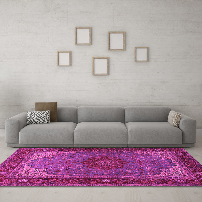 Machine Washable Medallion Pink Traditional Rug in a Living Room, wshtr2040pnk