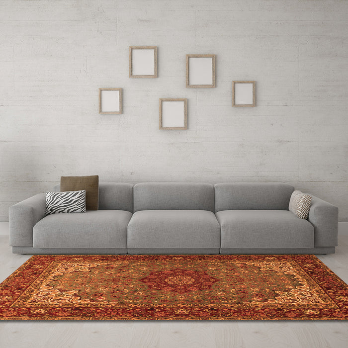 Machine Washable Medallion Orange Traditional Area Rugs in a Living Room, wshtr2040org