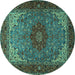 Round Machine Washable Medallion Turquoise Traditional Area Rugs, wshtr2040turq