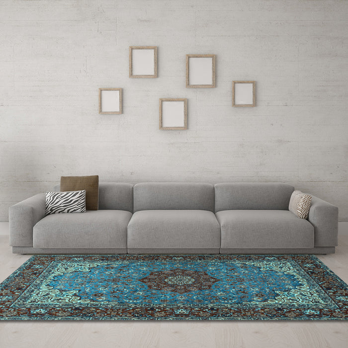 Machine Washable Medallion Light Blue Traditional Rug in a Living Room, wshtr2040lblu