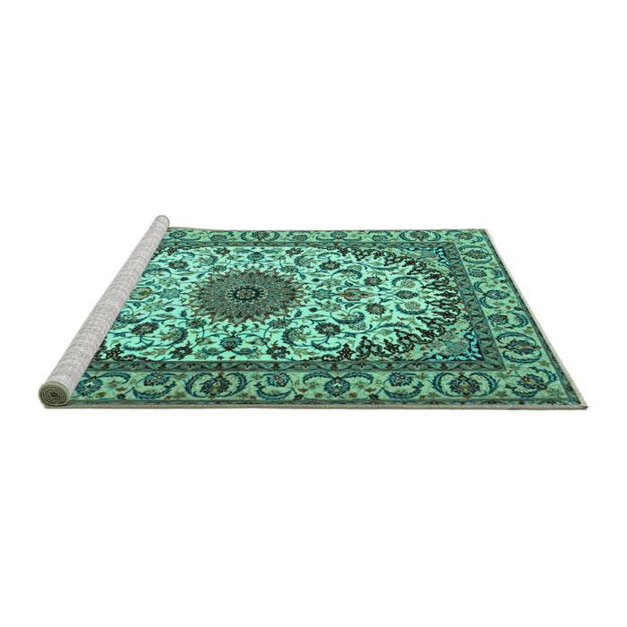 Sideview of Machine Washable Medallion Turquoise Traditional Area Rugs, wshtr2041turq