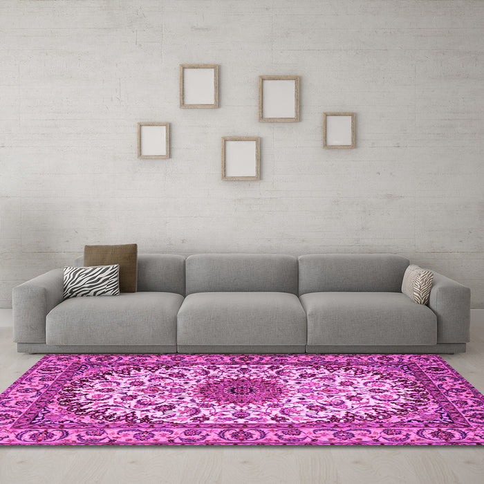 Machine Washable Medallion Pink Traditional Rug in a Living Room, wshtr2041pnk