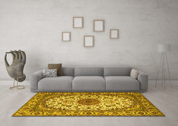 Machine Washable Medallion Yellow Traditional Rug in a Living Room, wshtr2041yw