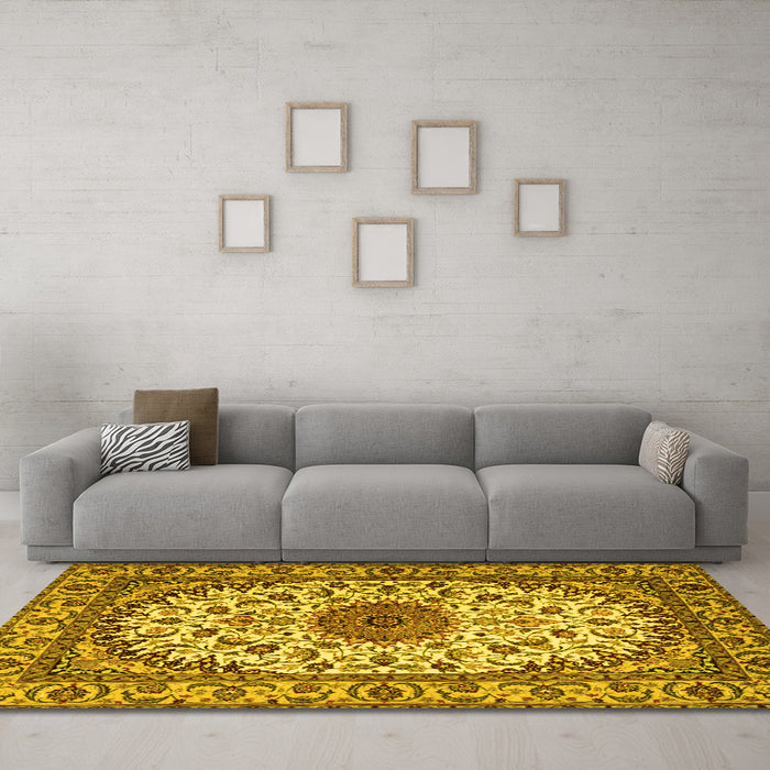 Machine Washable Medallion Yellow Traditional Rug in a Living Room, wshtr2041yw