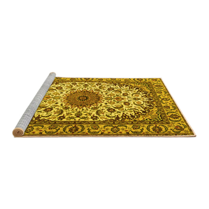 Sideview of Machine Washable Medallion Yellow Traditional Rug, wshtr2041yw