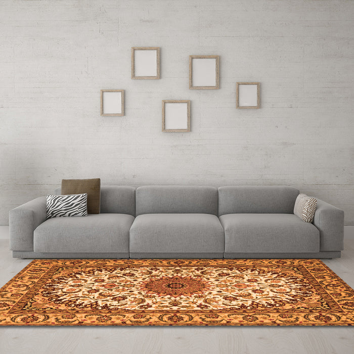 Machine Washable Medallion Orange Traditional Area Rugs in a Living Room, wshtr2041org
