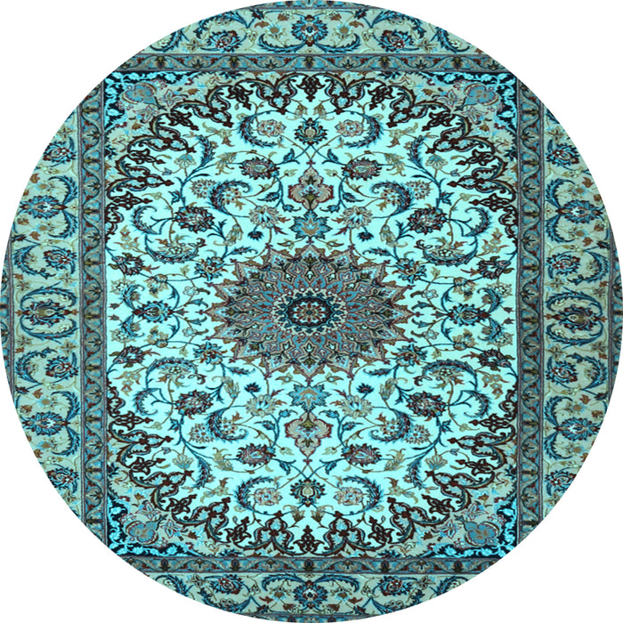 Round Machine Washable Medallion Light Blue Traditional Rug, wshtr2041lblu