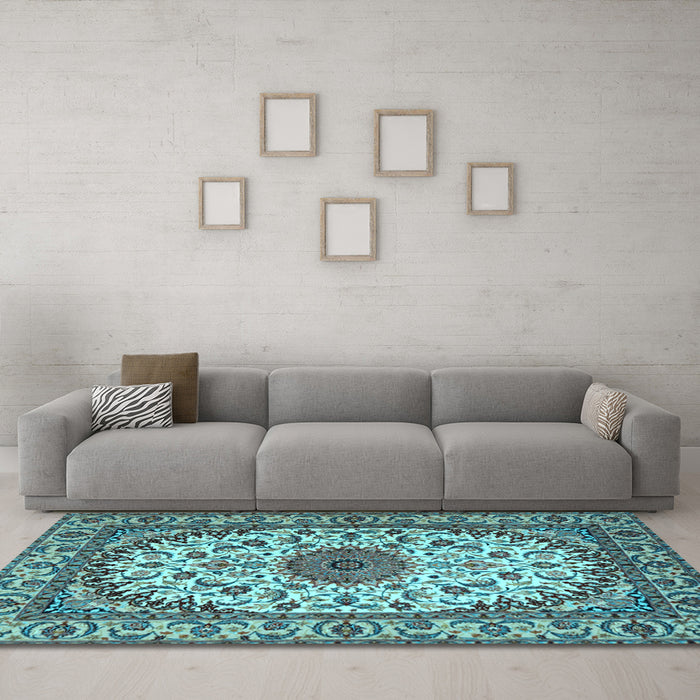 Machine Washable Medallion Light Blue Traditional Rug in a Living Room, wshtr2041lblu