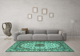Machine Washable Medallion Turquoise Traditional Area Rugs in a Living Room,, wshtr2041turq
