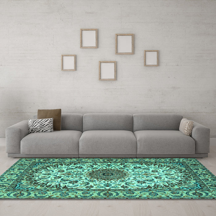 Machine Washable Medallion Turquoise Traditional Area Rugs in a Living Room,, wshtr2041turq