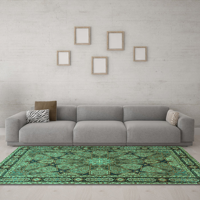Machine Washable Persian Turquoise Traditional Area Rugs in a Living Room,, wshtr2042turq