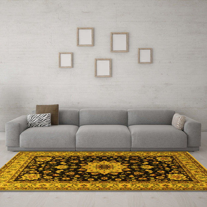 Machine Washable Persian Yellow Traditional Rug in a Living Room, wshtr2043yw