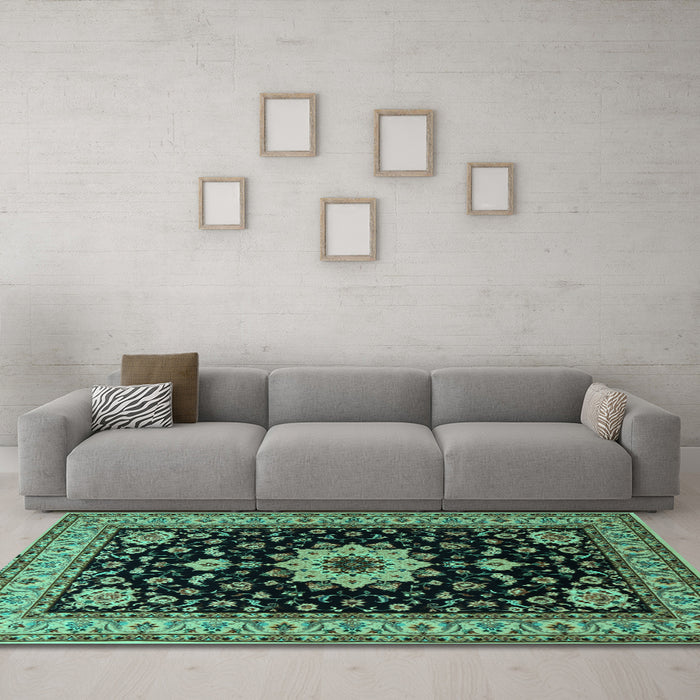 Machine Washable Persian Turquoise Traditional Area Rugs in a Living Room,, wshtr2043turq