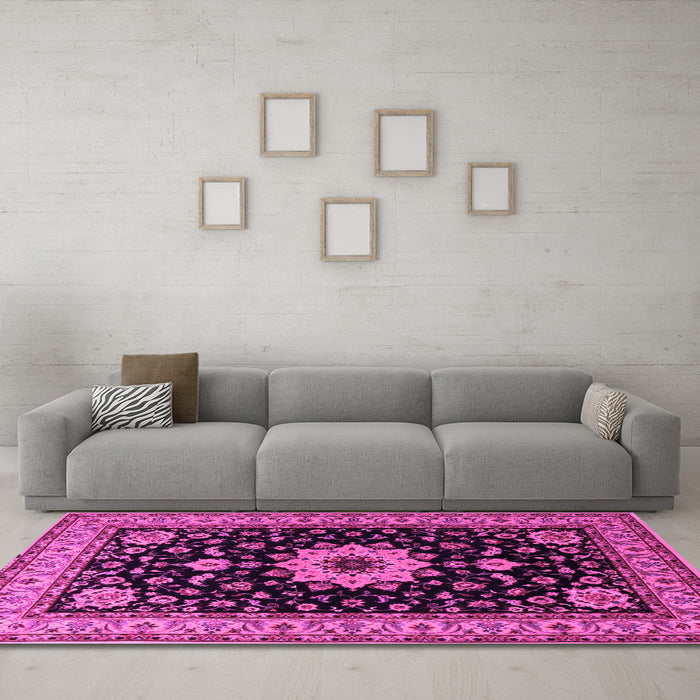 Machine Washable Persian Pink Traditional Rug in a Living Room, wshtr2043pnk