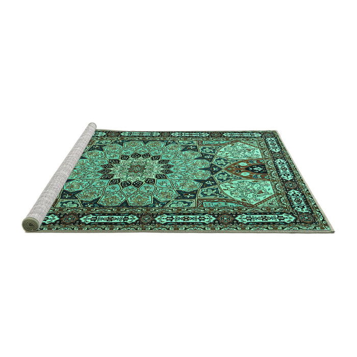 Sideview of Machine Washable Persian Turquoise Traditional Area Rugs, wshtr2044turq