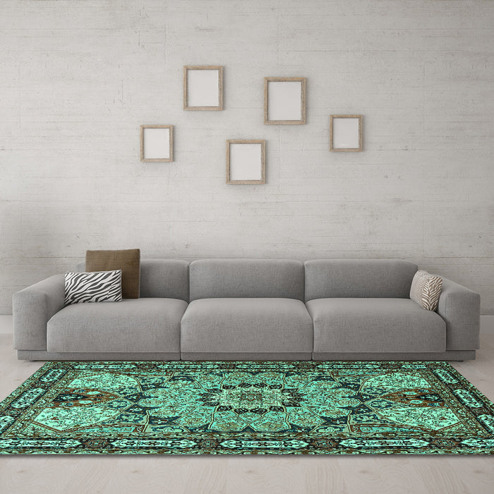 Machine Washable Persian Turquoise Traditional Area Rugs in a Living Room,, wshtr2044turq