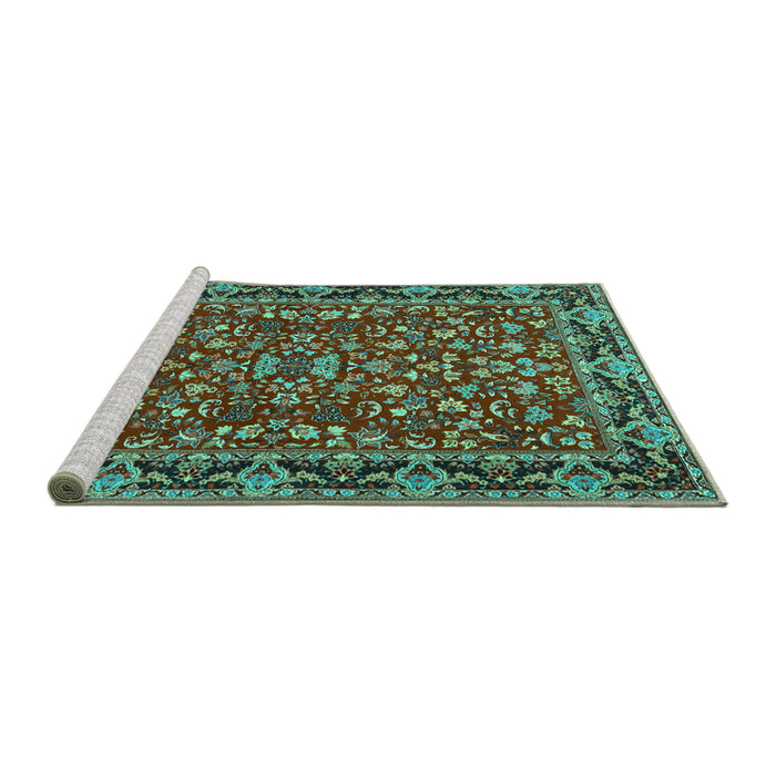 Sideview of Machine Washable Persian Turquoise Traditional Area Rugs, wshtr2046turq