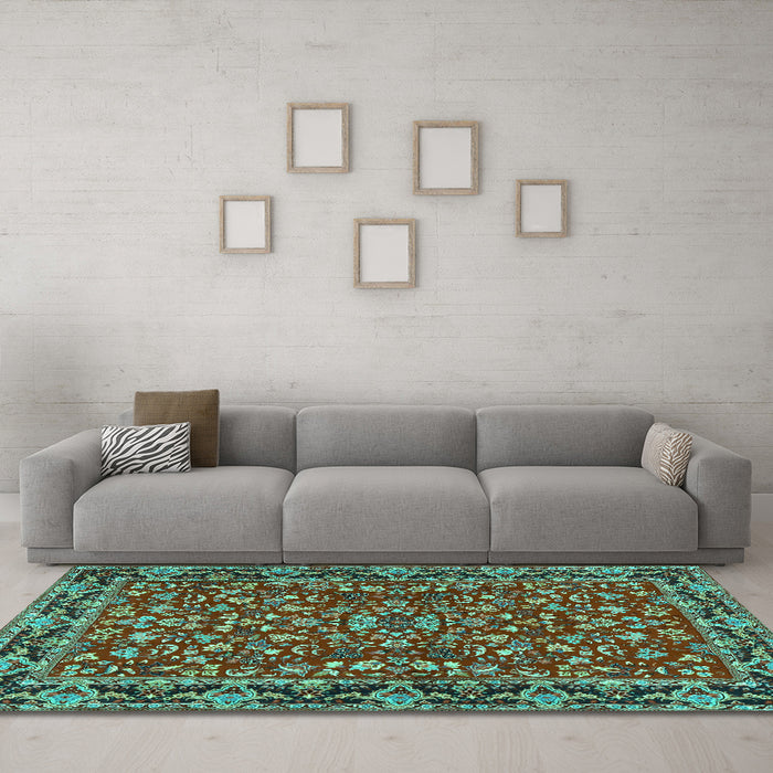 Machine Washable Persian Turquoise Traditional Area Rugs in a Living Room,, wshtr2046turq
