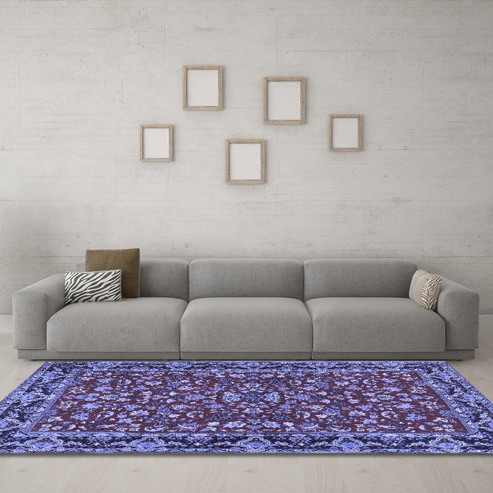 Machine Washable Persian Blue Traditional Rug in a Living Room, wshtr2046blu