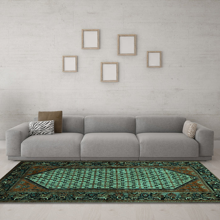 Machine Washable Persian Turquoise Traditional Area Rugs in a Living Room,, wshtr204turq