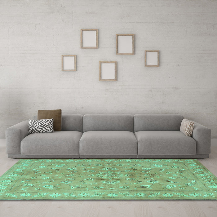 Machine Washable Persian Turquoise Traditional Area Rugs in a Living Room,, wshtr2057turq