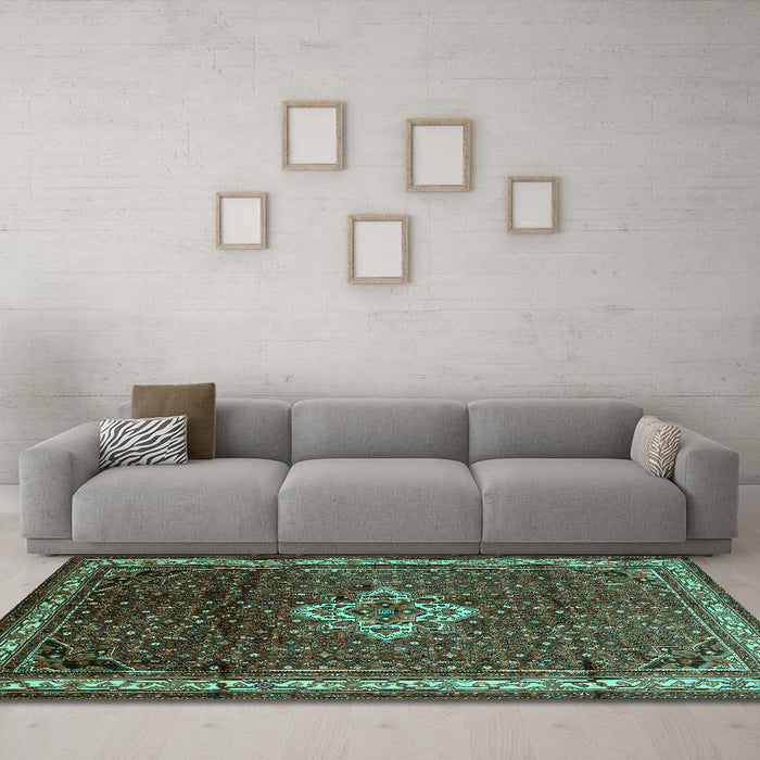 Machine Washable Persian Turquoise Traditional Area Rugs in a Living Room,, wshtr205turq