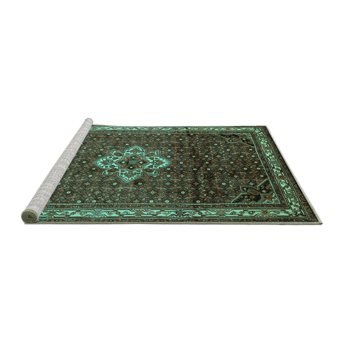 Sideview of Machine Washable Persian Turquoise Traditional Area Rugs, wshtr205turq