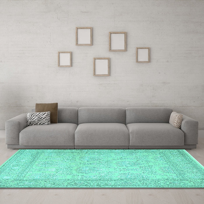 Machine Washable Persian Turquoise Traditional Area Rugs in a Living Room,, wshtr2061turq