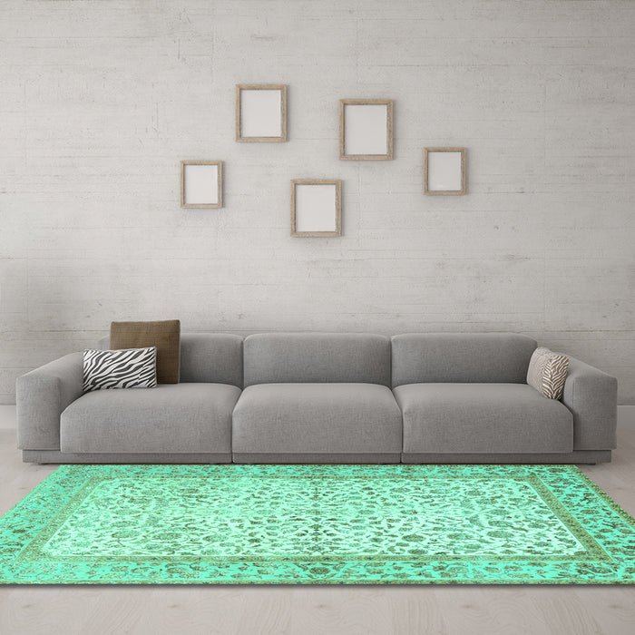 Machine Washable Oriental Turquoise Traditional Area Rugs in a Living Room,, wshtr2064turq