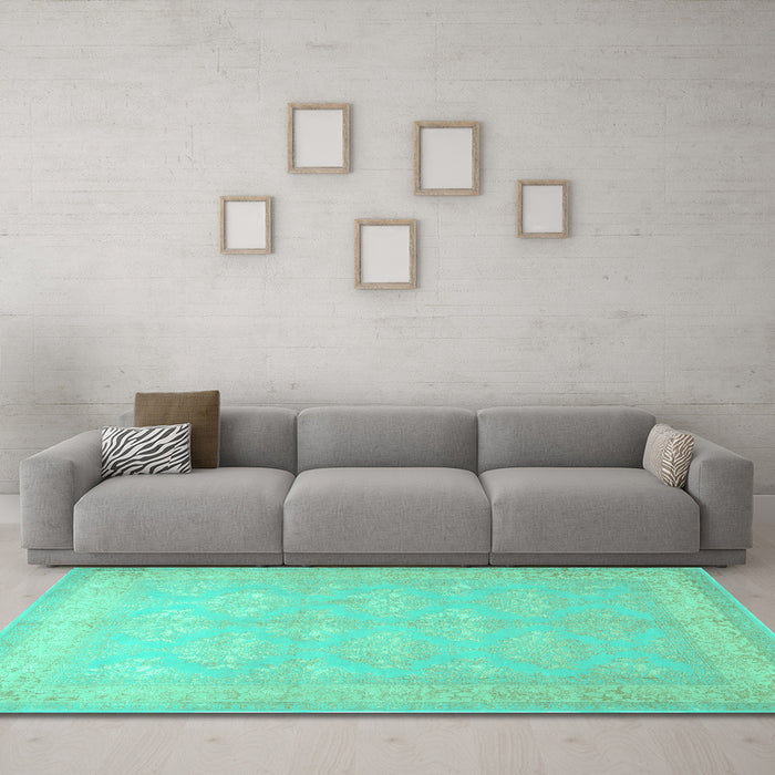 Machine Washable Persian Turquoise Traditional Area Rugs in a Living Room,, wshtr2069turq
