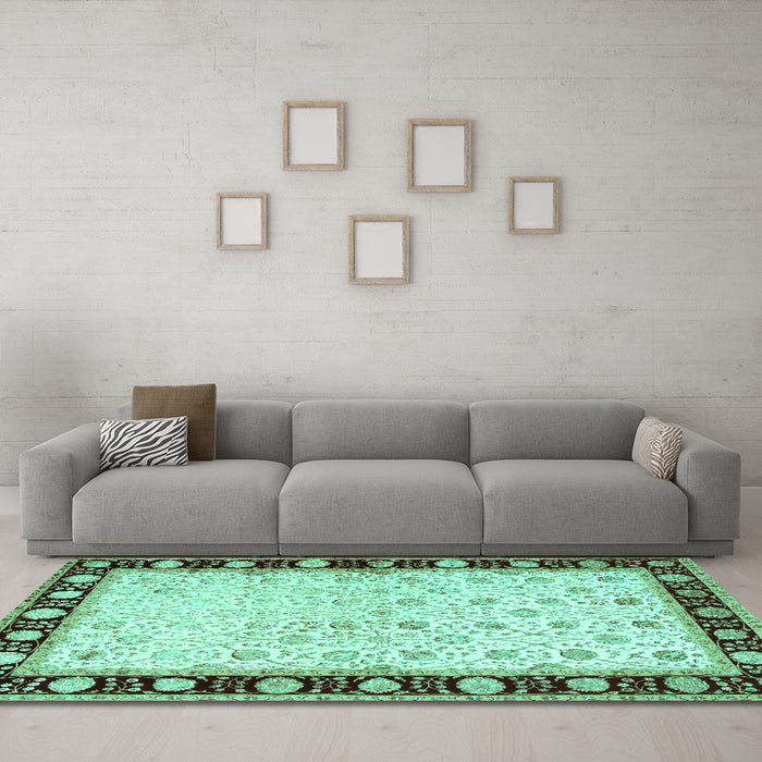 Machine Washable Persian Turquoise Traditional Area Rugs in a Living Room,, wshtr2070turq