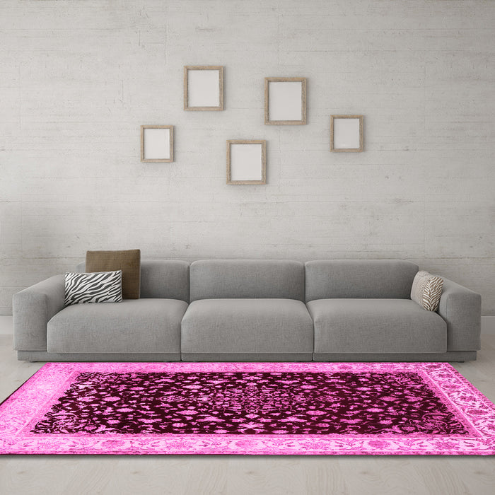 Machine Washable Persian Pink Traditional Rug in a Living Room, wshtr2071pnk