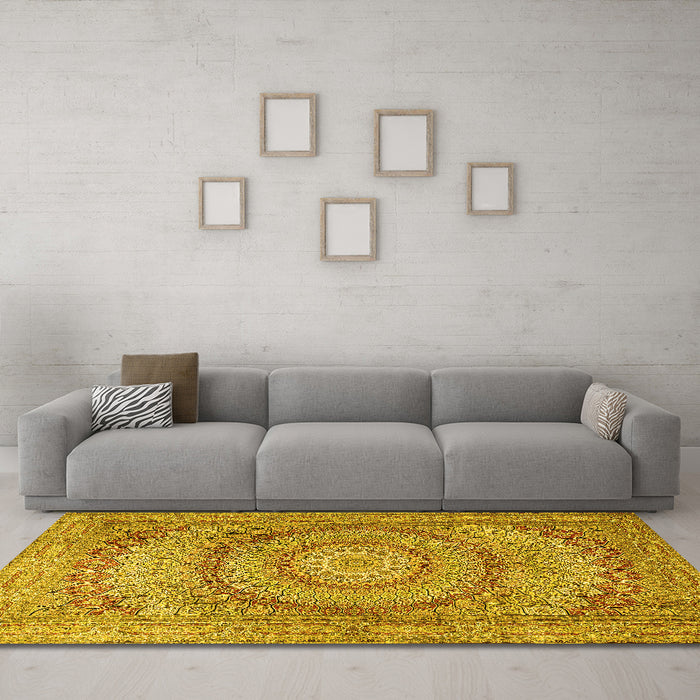 Machine Washable Medallion Yellow Traditional Rug in a Living Room, wshtr2078yw