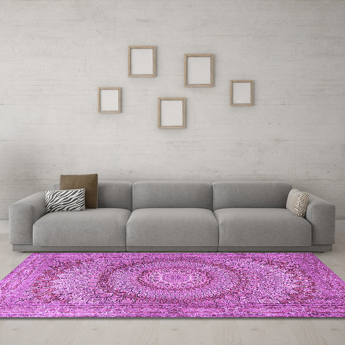 Machine Washable Medallion Purple Traditional Area Rugs in a Living Room, wshtr2078pur