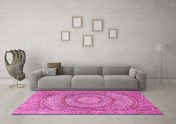 Machine Washable Medallion Pink Traditional Rug in a Living Room, wshtr2078pnk