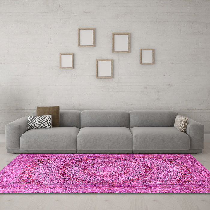 Machine Washable Medallion Pink Traditional Rug in a Living Room, wshtr2078pnk