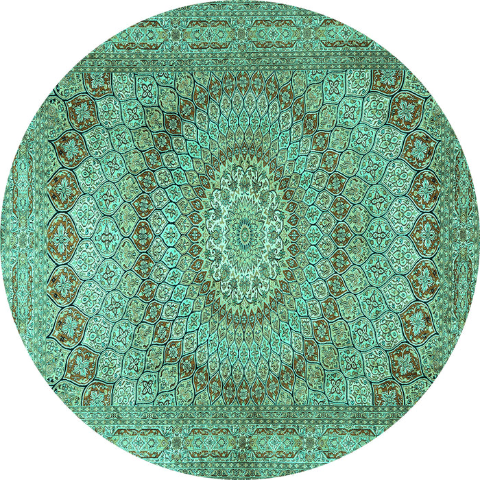 Round Machine Washable Medallion Turquoise Traditional Area Rugs, wshtr2078turq