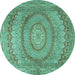 Round Machine Washable Medallion Turquoise Traditional Area Rugs, wshtr2078turq