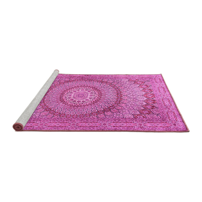 Sideview of Machine Washable Medallion Pink Traditional Rug, wshtr2078pnk