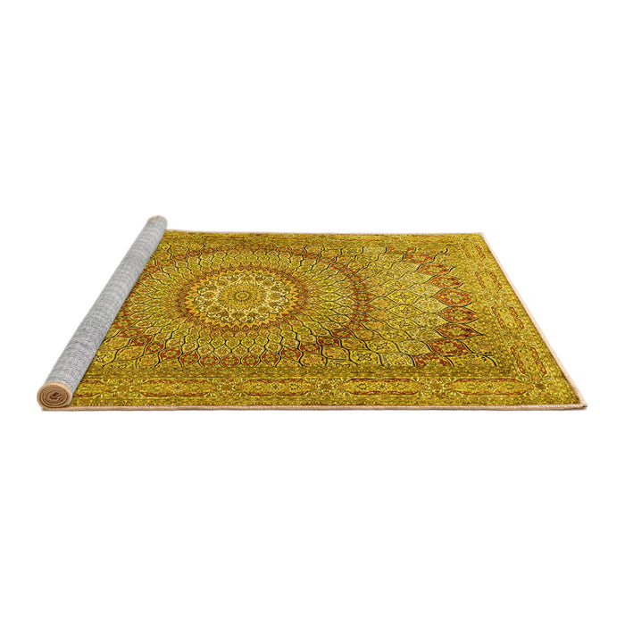 Sideview of Machine Washable Medallion Yellow Traditional Rug, wshtr2078yw