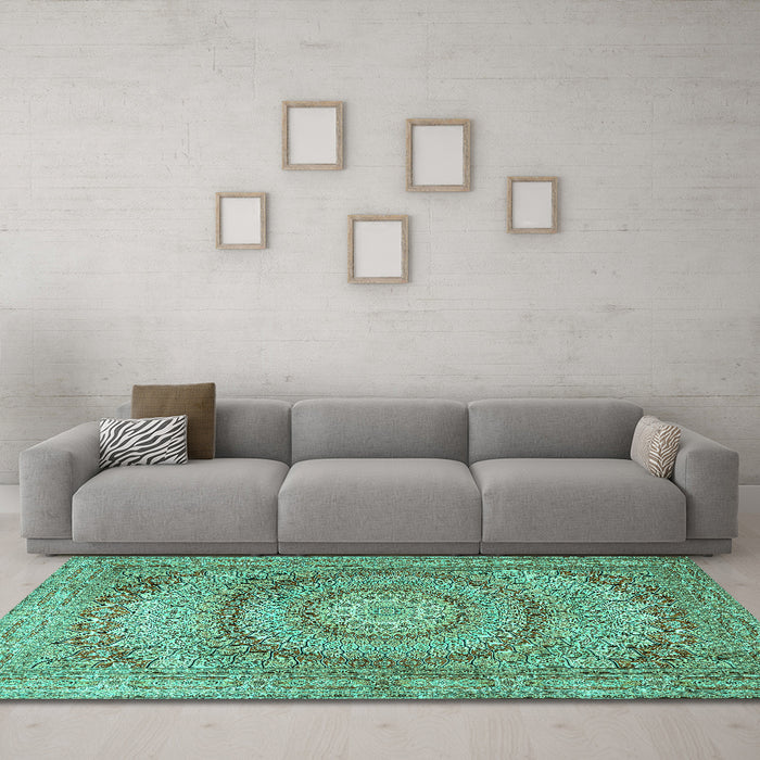 Machine Washable Medallion Turquoise Traditional Area Rugs in a Living Room,, wshtr2078turq