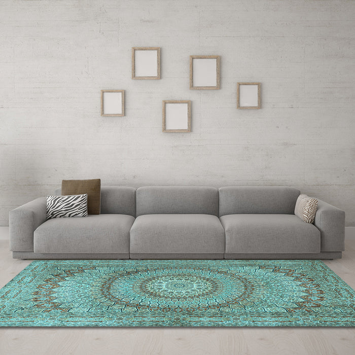 Machine Washable Medallion Light Blue Traditional Rug in a Living Room, wshtr2078lblu