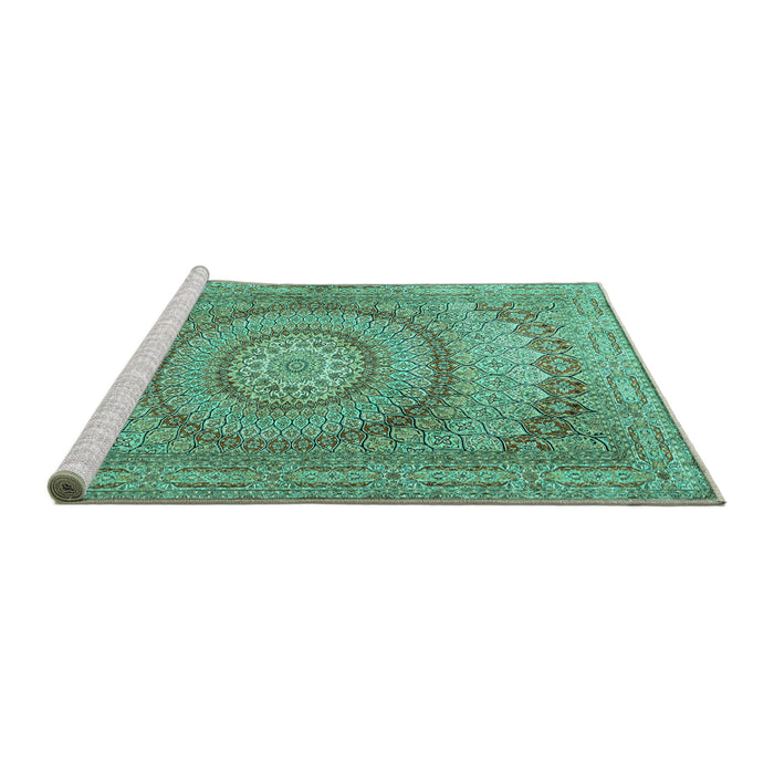 Sideview of Machine Washable Medallion Turquoise Traditional Area Rugs, wshtr2078turq