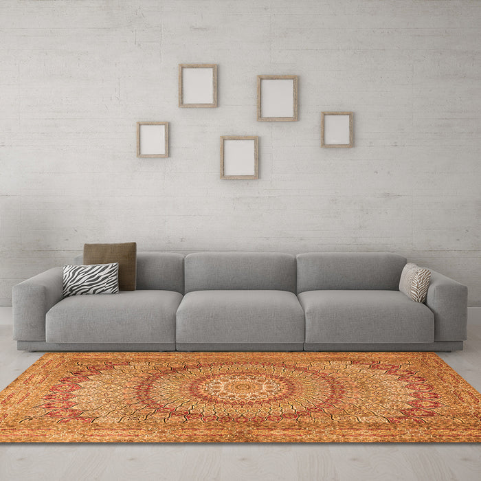 Machine Washable Medallion Orange Traditional Area Rugs in a Living Room, wshtr2078org